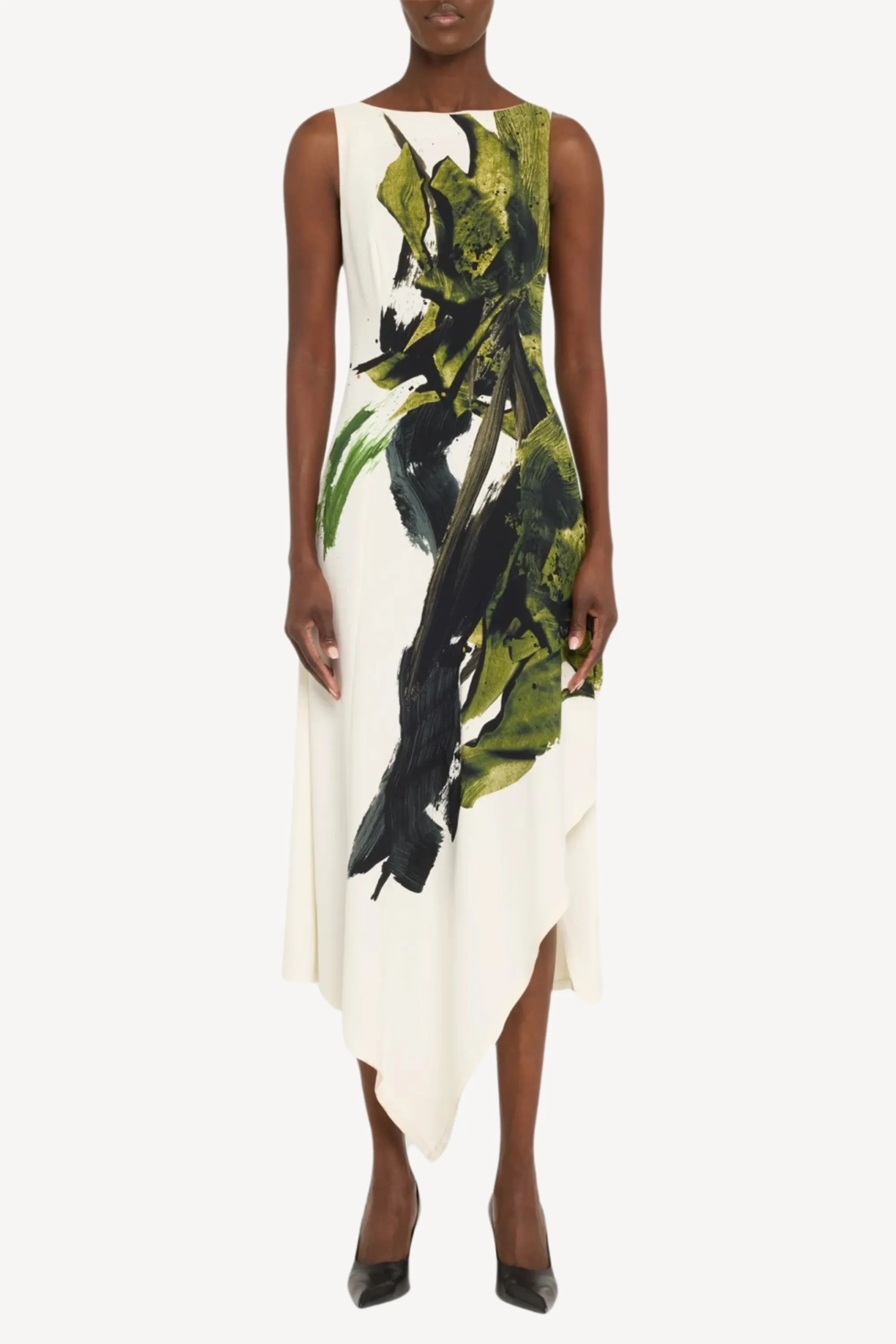 BOATNECK FIT AND FLARE CREPE DRESS WITH BRUSHSTROKE PRINT sold by Jason Wu
