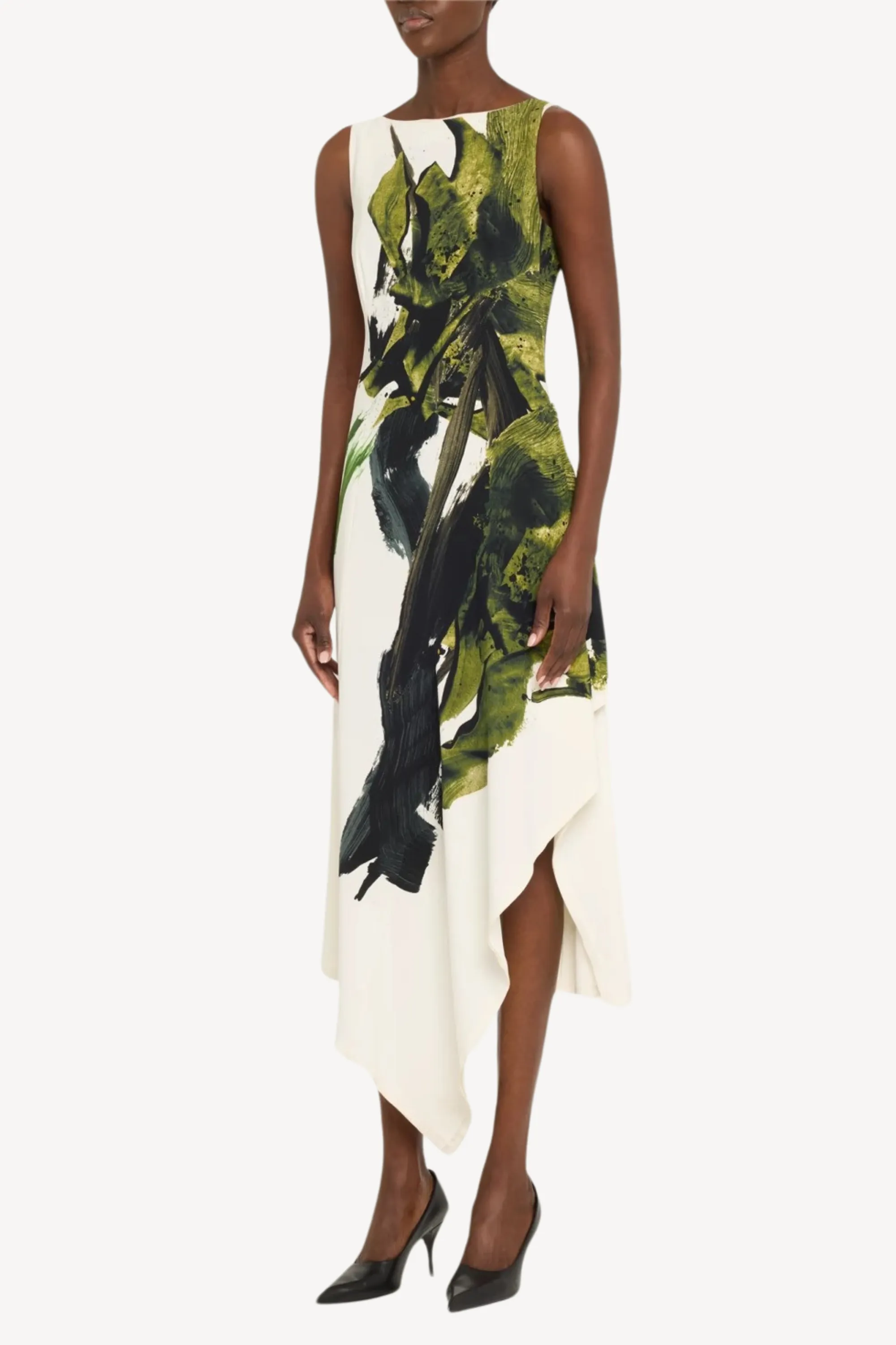 BOATNECK FIT AND FLARE CREPE DRESS WITH BRUSHSTROKE PRINT sold by Jason Wu product image thumbnail 2