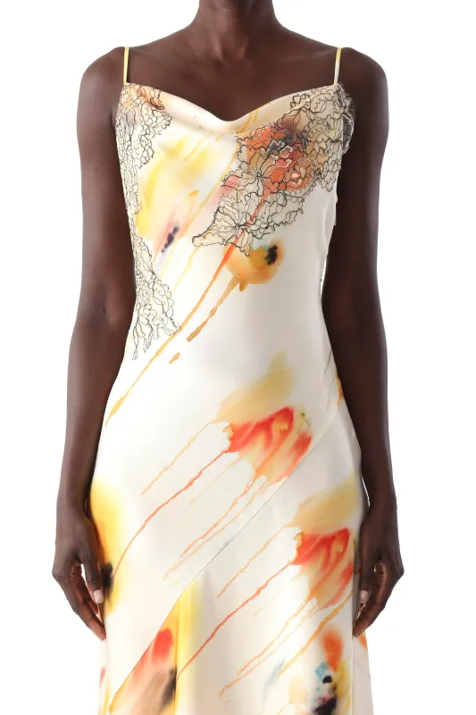 WATERCOLOR FLORAL BIAS SLIP GOWN WITH LACE sold by Jason Wu