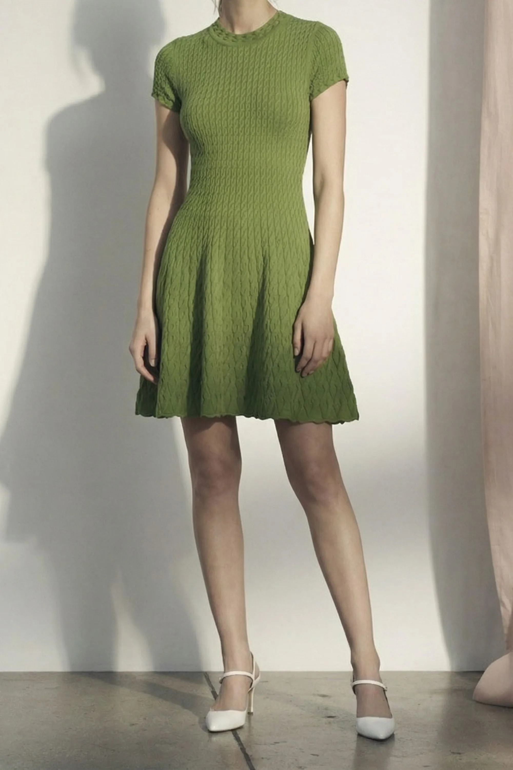 SHORT SLEEVE CABLE KNIT FIT AND FLARE DRESS sold by Jason Wu