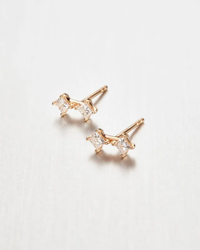 14K Princess Cut Double Diamond Stud Earrings made by JENNY BIRD
