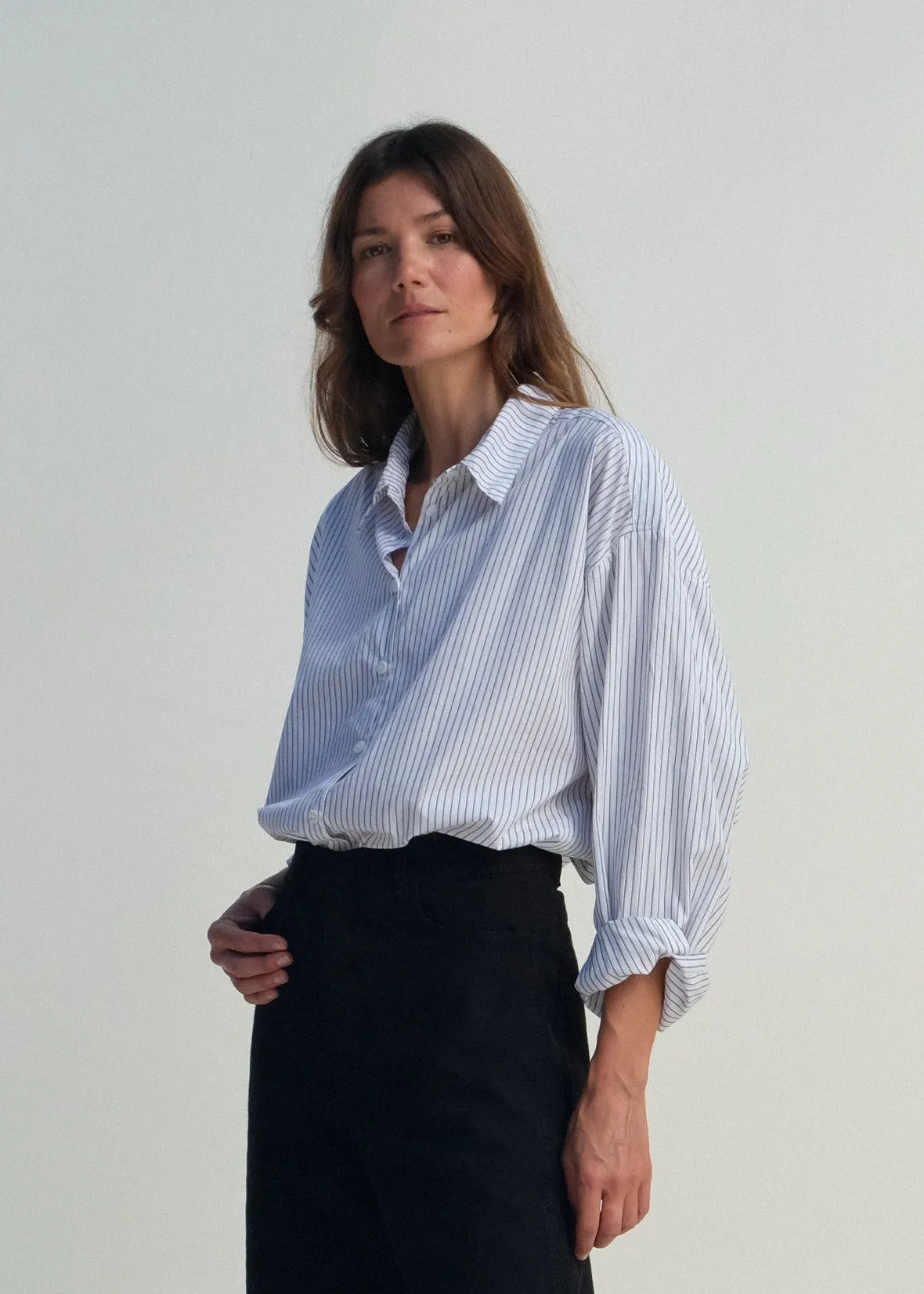 Alberta Shirt - White w/ Black Pinstripe sold by Jesse Kamm