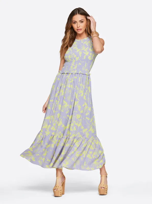 Mira Tiered Ruffle Maxi Dress in Hidden Lotus sold by Jessica Simpson