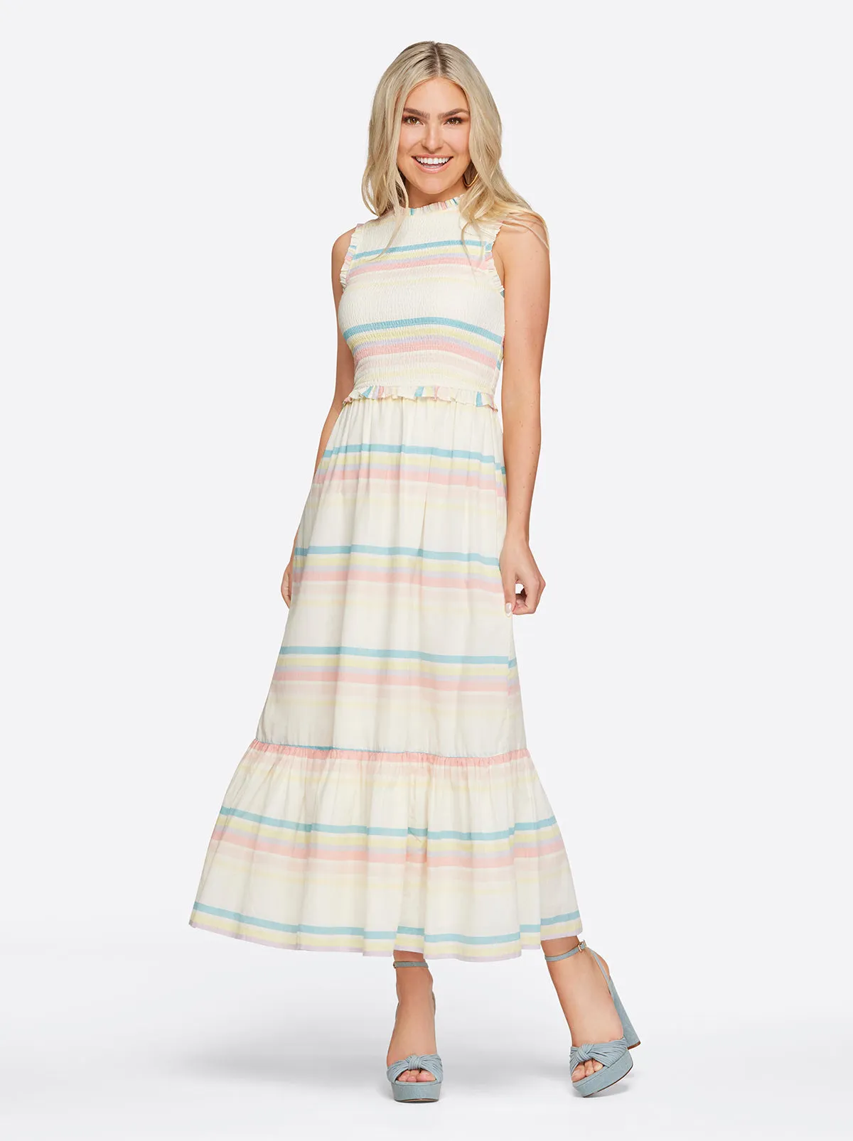 Mira Tiered Ruffle Maxi Dress in Gardenia-Spectrum Stripe sold by Jessica Simpson