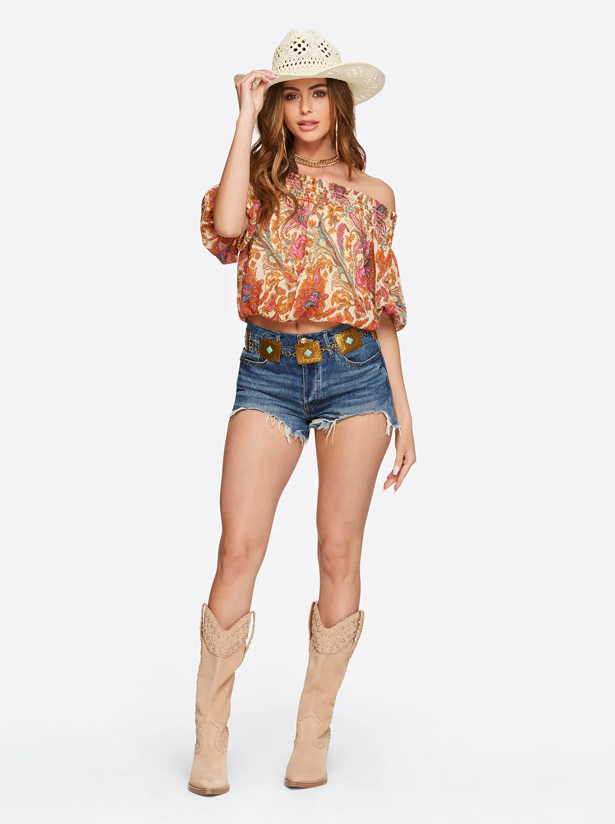 Alma Off Shoulder Top in Apricot Sherbet Paisley sold by Jessica Simpson product image thumbnail 5