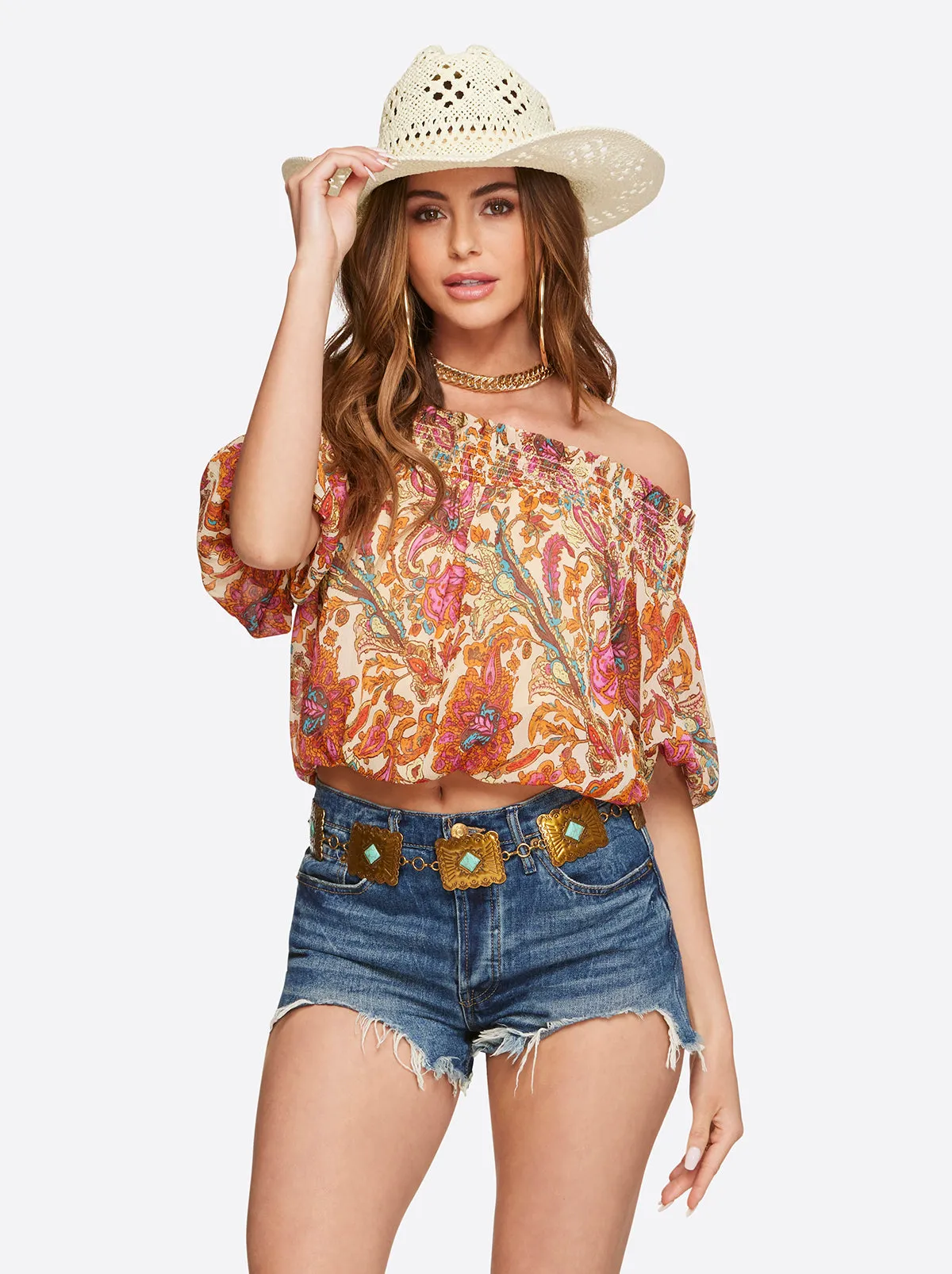 Alma Off Shoulder Top in Apricot Sherbet Paisley sold by Jessica Simpson