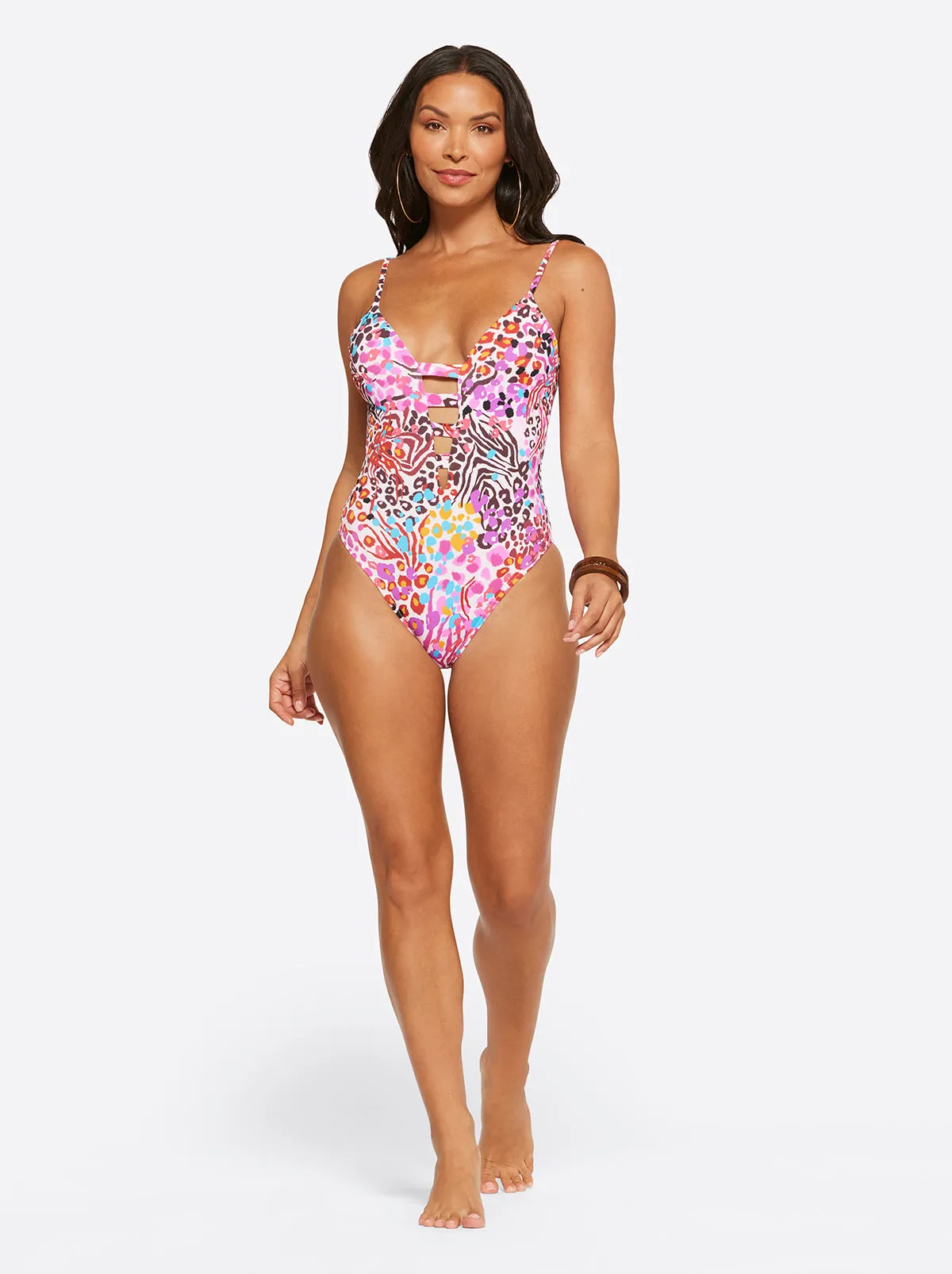 French Exit Plunge One Piece in Pink Multi sold by Jessica Simpson