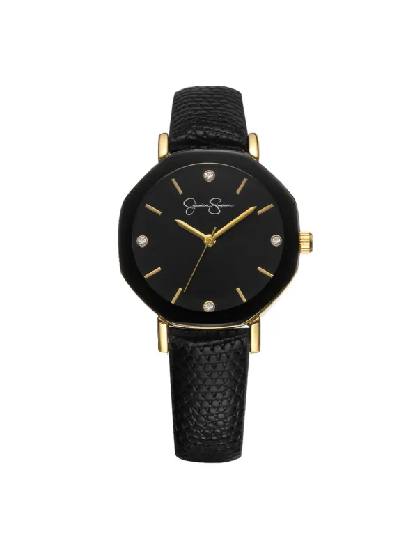 Metallized Bezel Strap Watch in Black & Gold Tone sold by Jessica Simpson