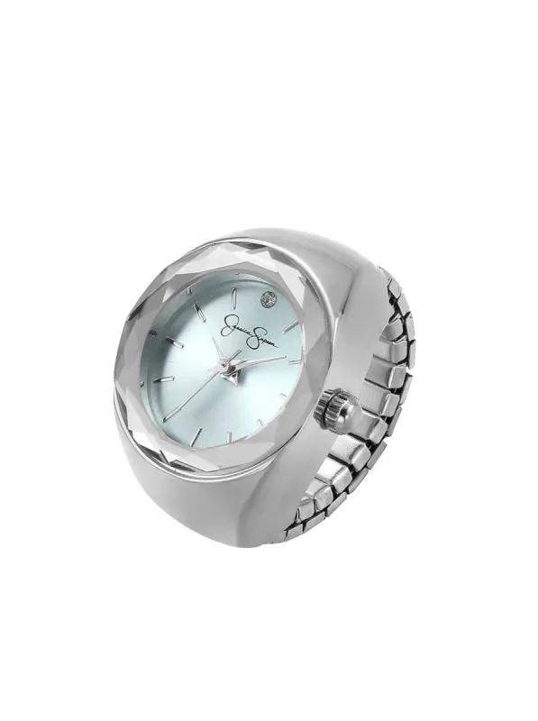 Faceted Bezel Single Crystal Ring Watch in Silver sold by Jessica Simpson