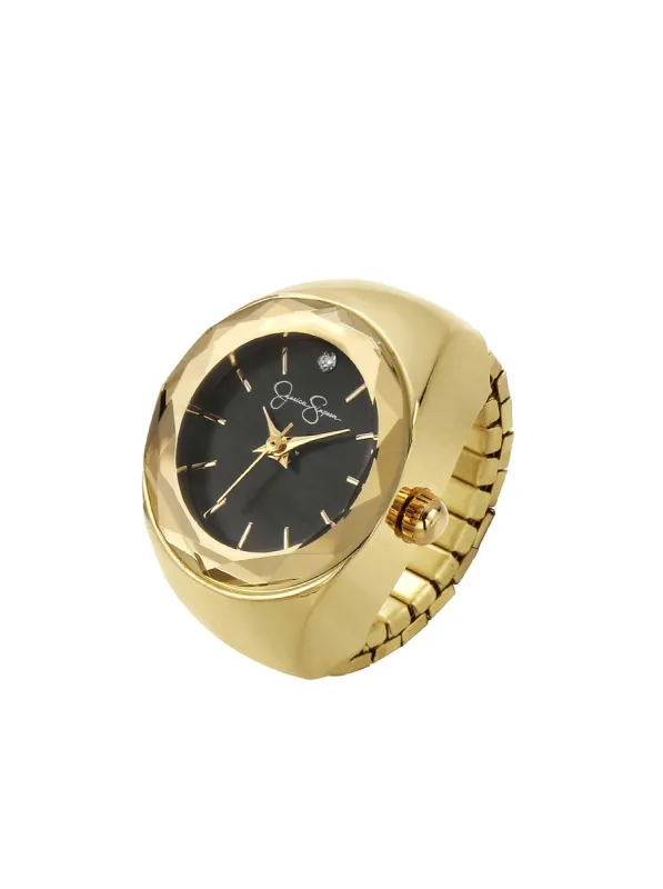 Faceted Bezel Single Crystal Ring Watch in Gold sold by Jessica Simpson