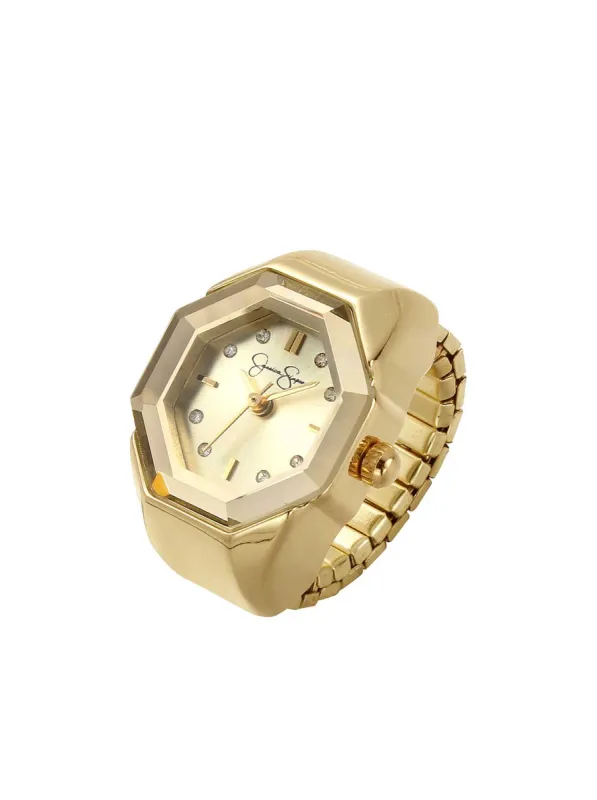 Faceted Bezel Crystal Ring Watch in Gold sold by Jessica Simpson