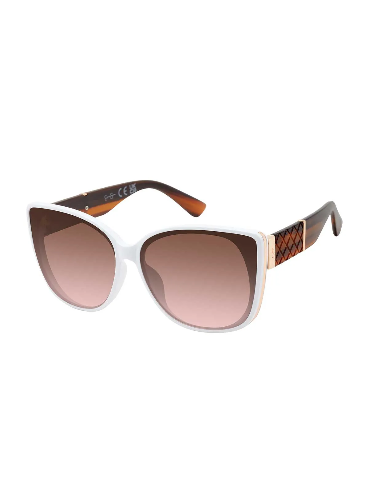 Embossed Temple Cat-Eye Sunglasses in White Wood sold by Jessica Simpson