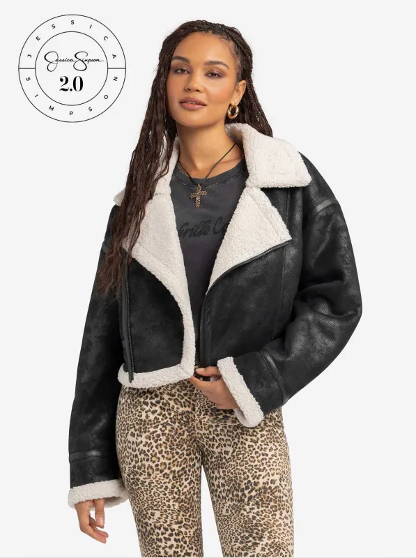 Jessica Simpson 2.0 Claira Sherpa Moto Jacket in Black sold by Jessica Simpson
