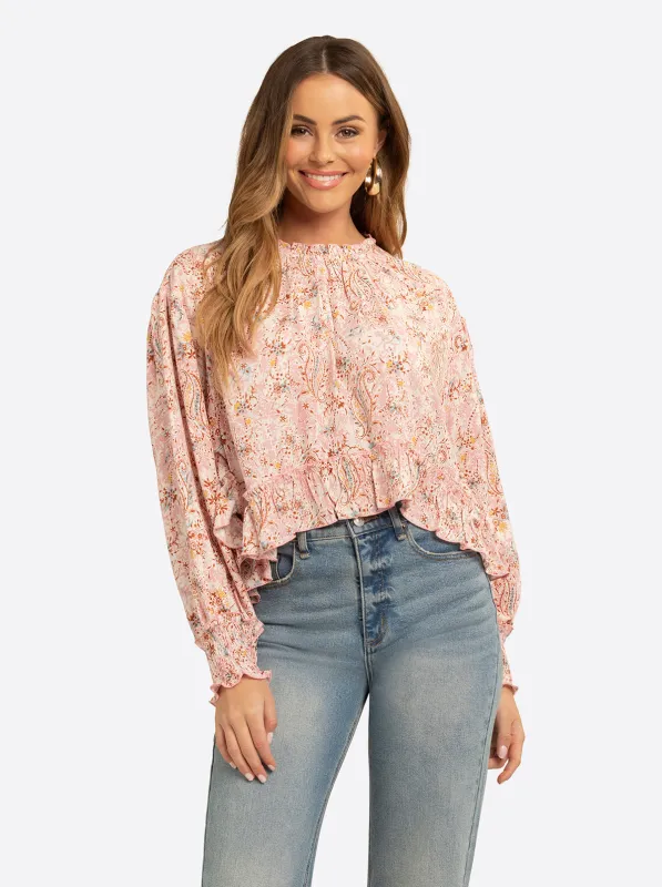 JS Jessica Simpson Anaya Mock Neck Blouse in Shell-Calia Paisley made by Jessica Simpson