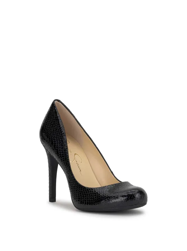 Calie Pump in Metallic Black Snake sold by Jessica Simpson