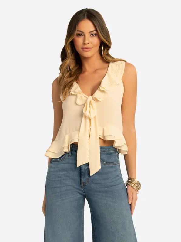 JS Jessica Simpson Trea Ruffle Tie Top in Whitecap Gray made by Jessica Simpson