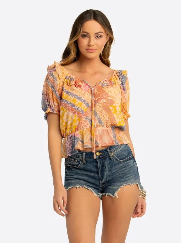 JS Jessica Simpson Cozette Peplum Blouse in Multi Celestial Patchwork made by Jessica Simpson