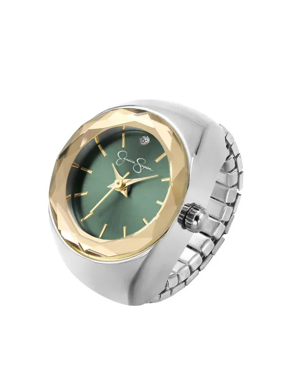 Faceted Bezel Single Crystal Ring Watch in Silver, Gold & Green made by Jessica Simpson