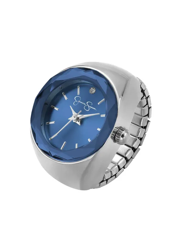 Faceted Bezel Single Crystal Ring Watch in Silver & Blue made by Jessica Simpson