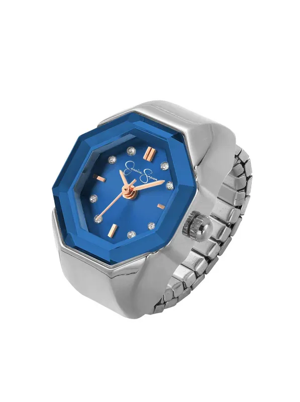 Faceted Bezel Crystal Ring Watch in Silver & Blue made by Jessica Simpson