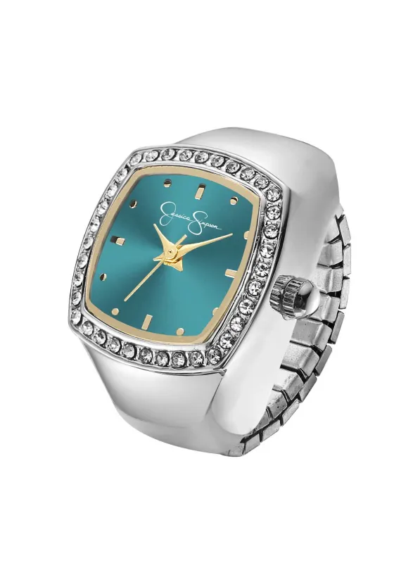 Cushion Crystal Ring Watch in Silver & Teal made by Jessica Simpson