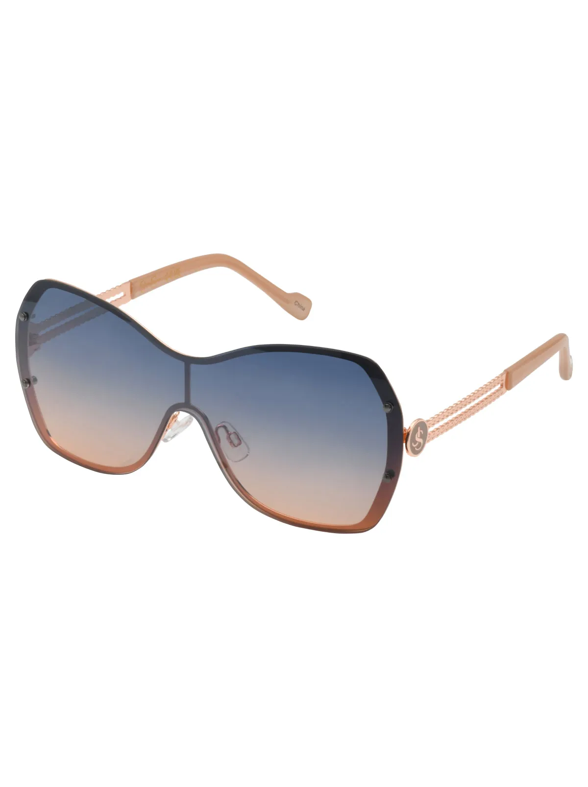 Frameless Metal Shield Sunglasses in Rose Gold & Nude sold by Jessica Simpson