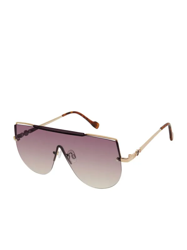 Metal Aviator Shield Sunglasses in Gold sold by Jessica Simpson