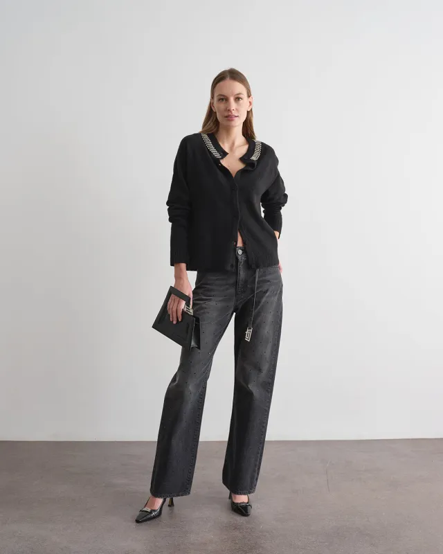 Pantalone in denim con strass all over sold by Jijil