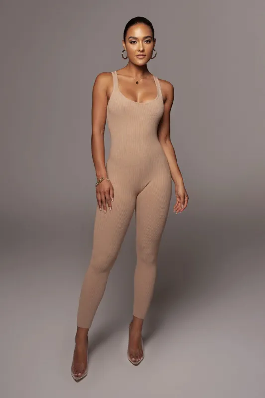 Beige Aria Solid Rib Jumpsuit sold by JLUXLABEL