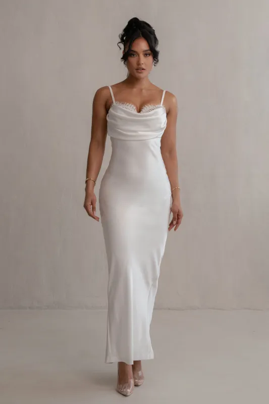 Ivory Unveiled Satin Maxi Dress sold by JLUXLABEL
