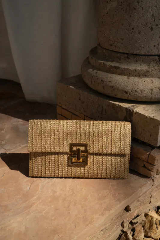 Khaki Bria Woven Clutch sold by JLUXLABEL