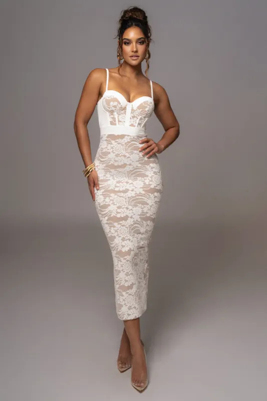 White Mesh and Lace Bustier Midi Dress sold by JLUXLABEL