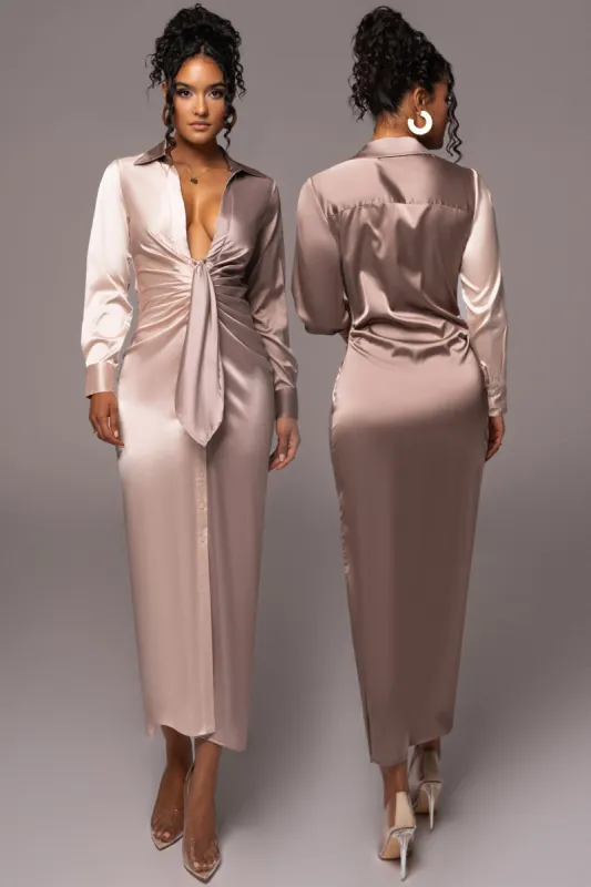 Taupe Color Block Satin Midi Dress sold by JLUXLABEL
