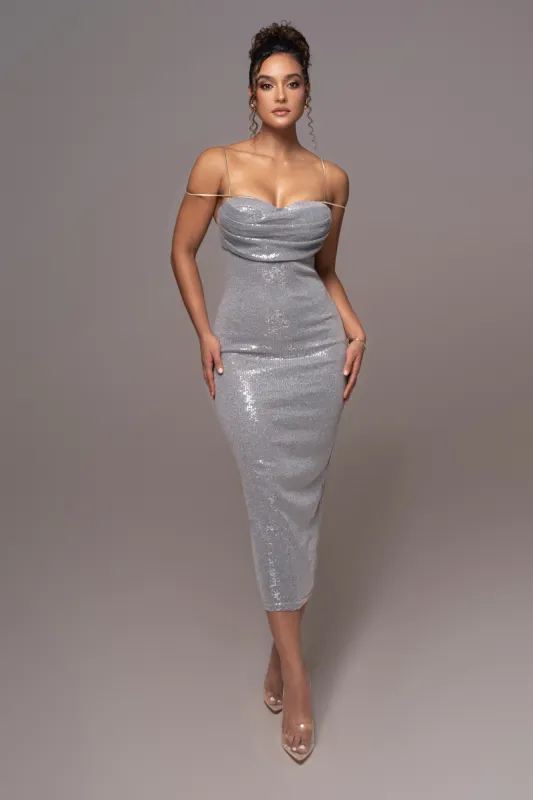 Grey Sequin Visions Of You Midi Dress sold by JLUXLABEL
