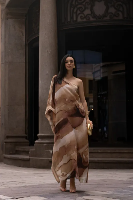 Tan Abstract Mariel One Shoulder Maxi Dress sold by JLUXLABEL