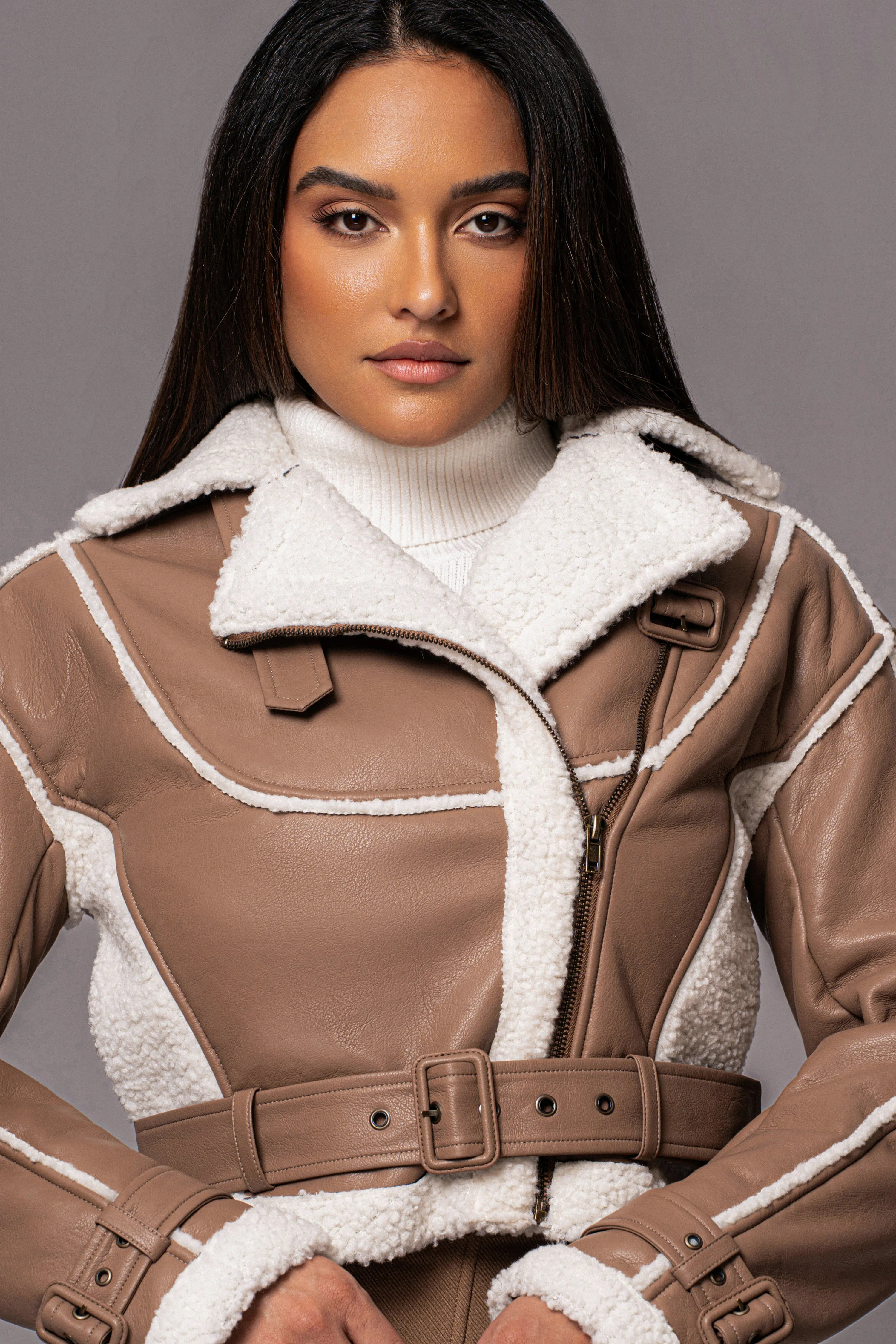 Tan Faux Leather Sherpa Jacket sold by JLUXLABEL product image thumbnail 4
