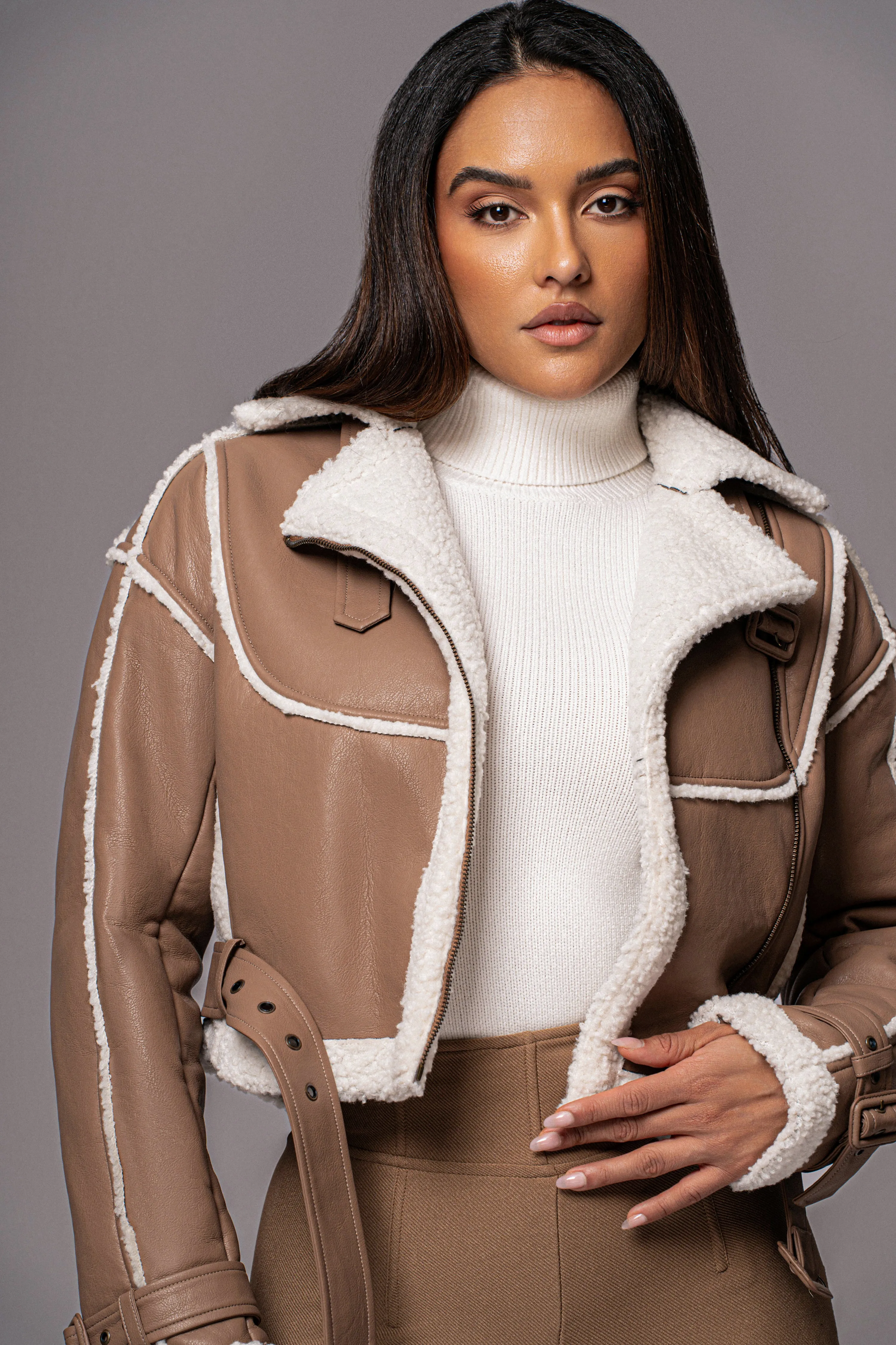 Tan Faux Leather Sherpa Jacket sold by JLUXLABEL product image thumbnail 2
