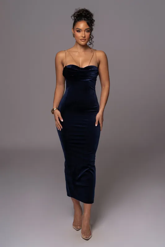 Navy JOSANNA VELVET MIDI DRESS sold by JLUXLABEL