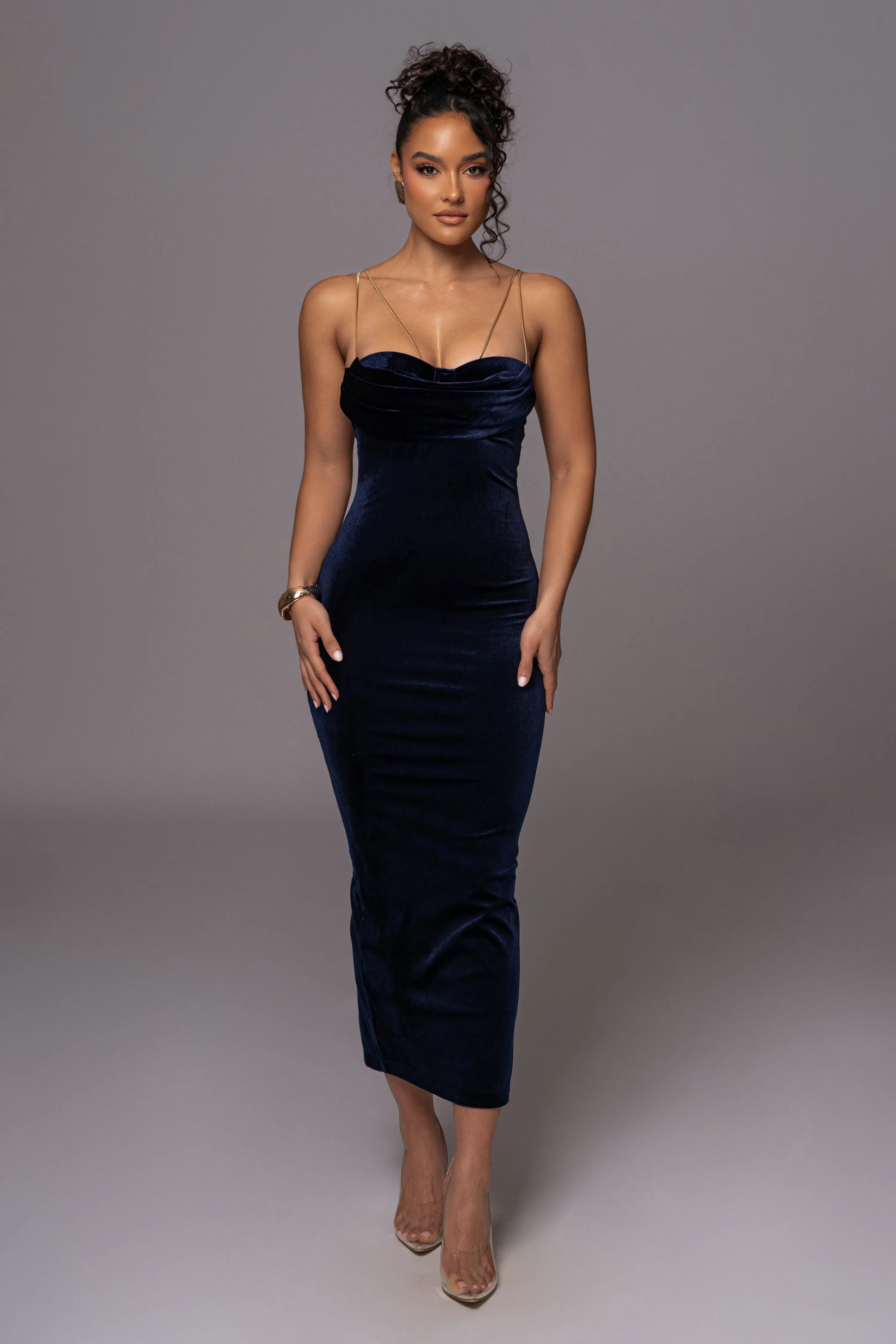 Navy JOSANNA VELVET MIDI DRESS sold by JLUXLABEL