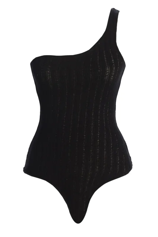 Black Malibu Nights One Shoulder Bodysuit sold by JLUXLABEL