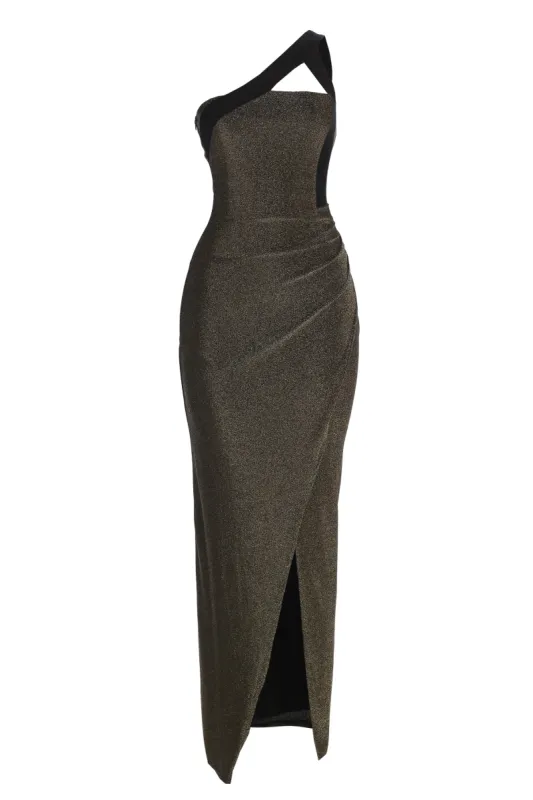 Gold Johan One Shoulder Maxi Dress sold by JLUXLABEL