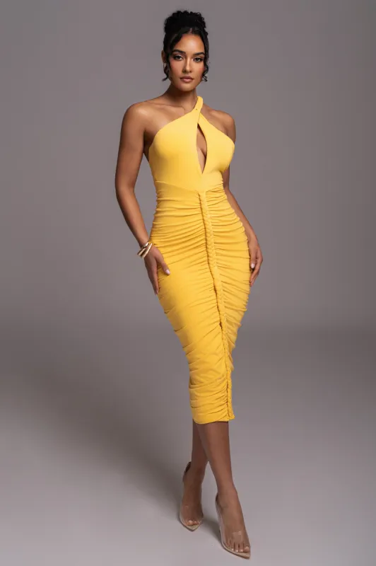 Yellow Jess Ruched Midi Dress sold by JLUXLABEL