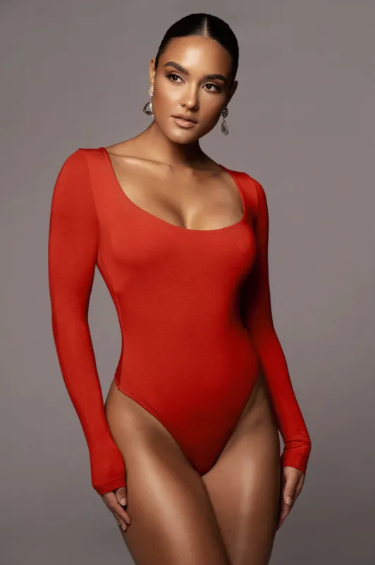 Jluxbasix Red Bethie Scoop Long Sleeve Bodysuit made by JLUXLABEL