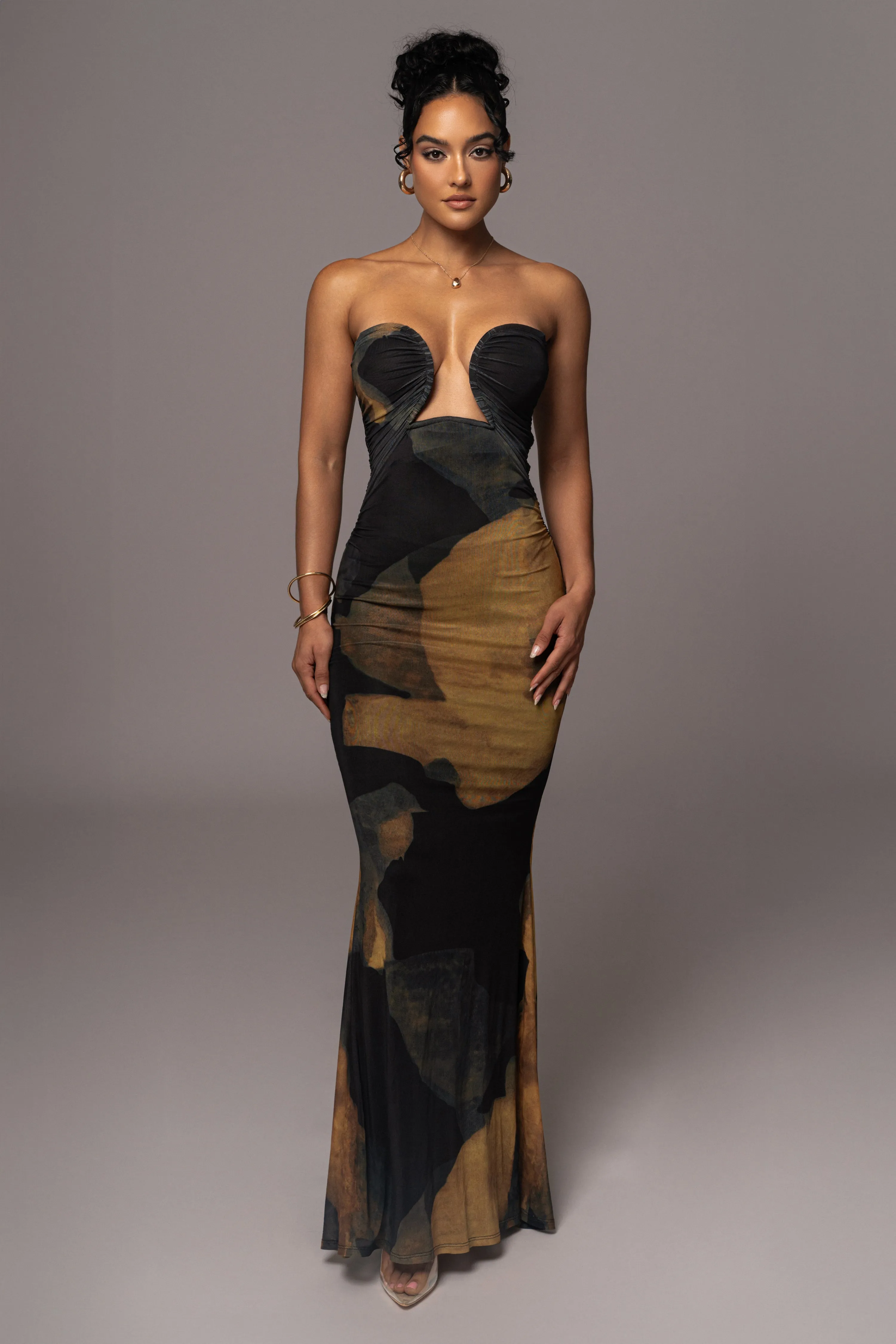 chinese dress ladies Jluxlabel | Brown Abstract Bethany Strapless Maxi Dress | Size XL