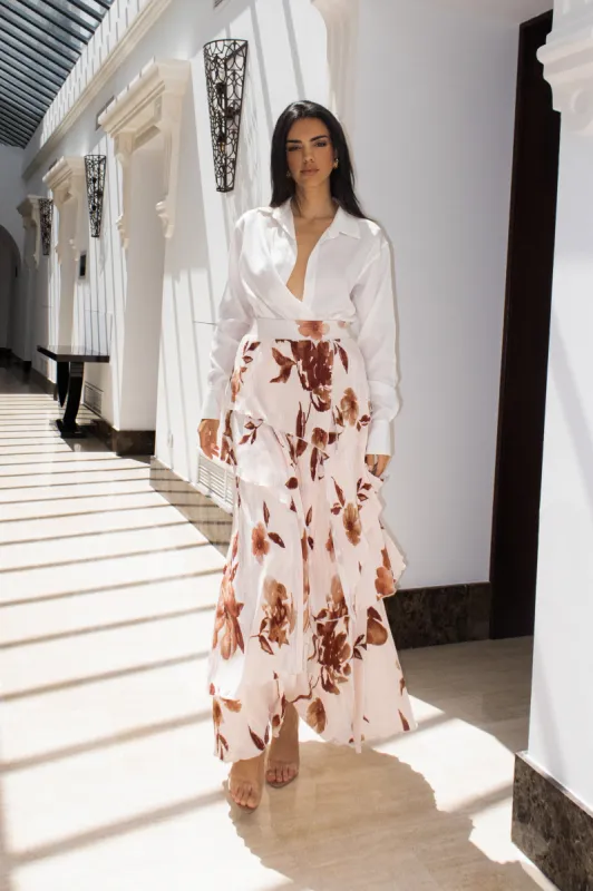 Cream Floral Kamira Tiered Skirt sold by JLUXLABEL