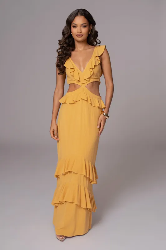 Yellow Sunshine Ruffle Linen Dress sold by JLUXLABEL