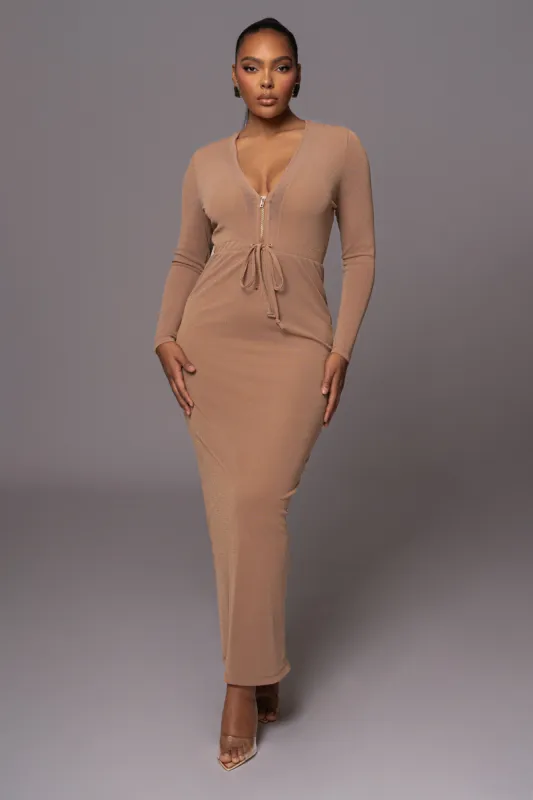 Beige Kimberley Zip Front Maxi Dress sold by JLUXLABEL