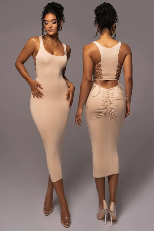 Tan Late Nights Midi Dress sold by JLUXLABEL
