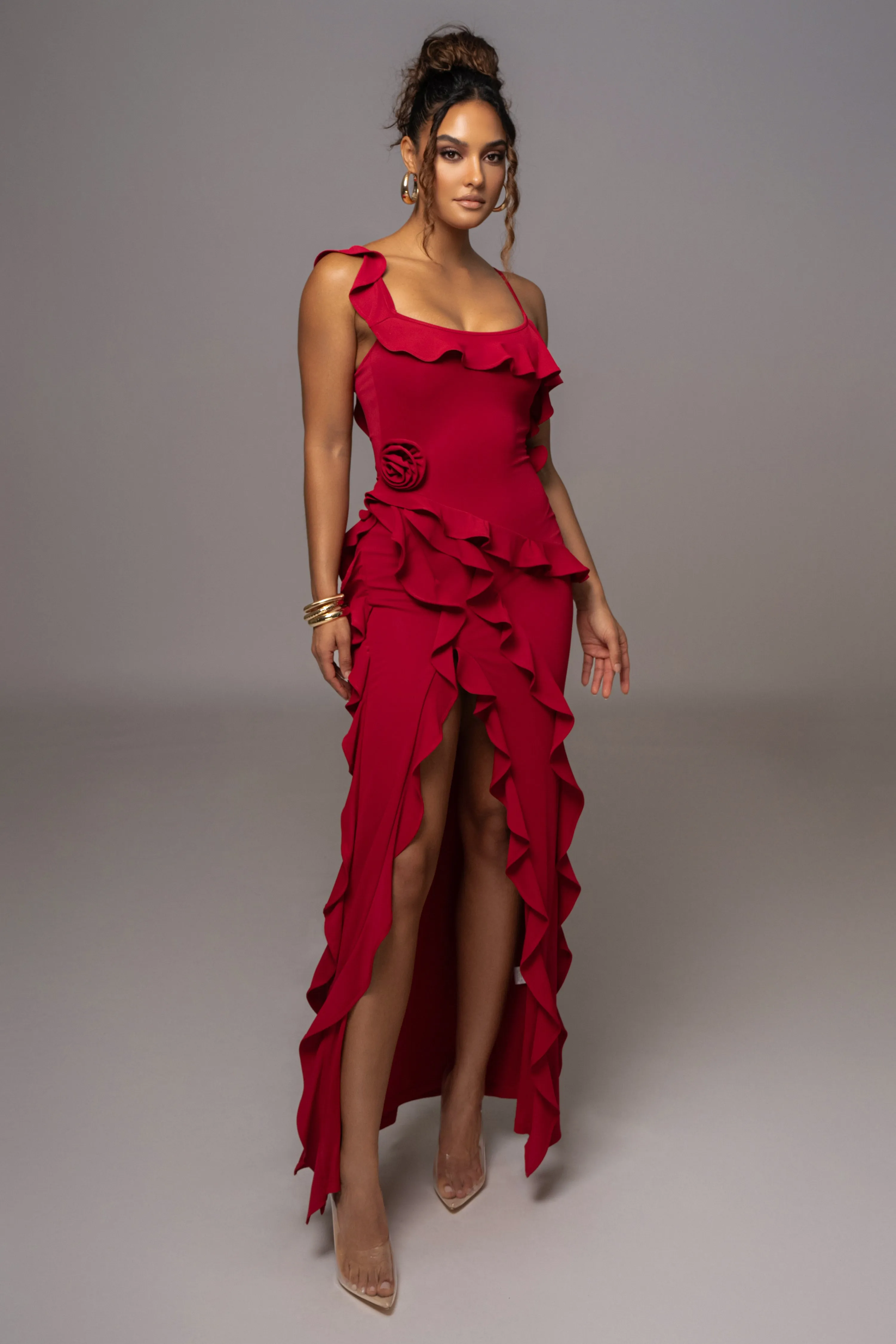 Red Brenna Ruffle Maxi Dress sold by JLUXLABEL