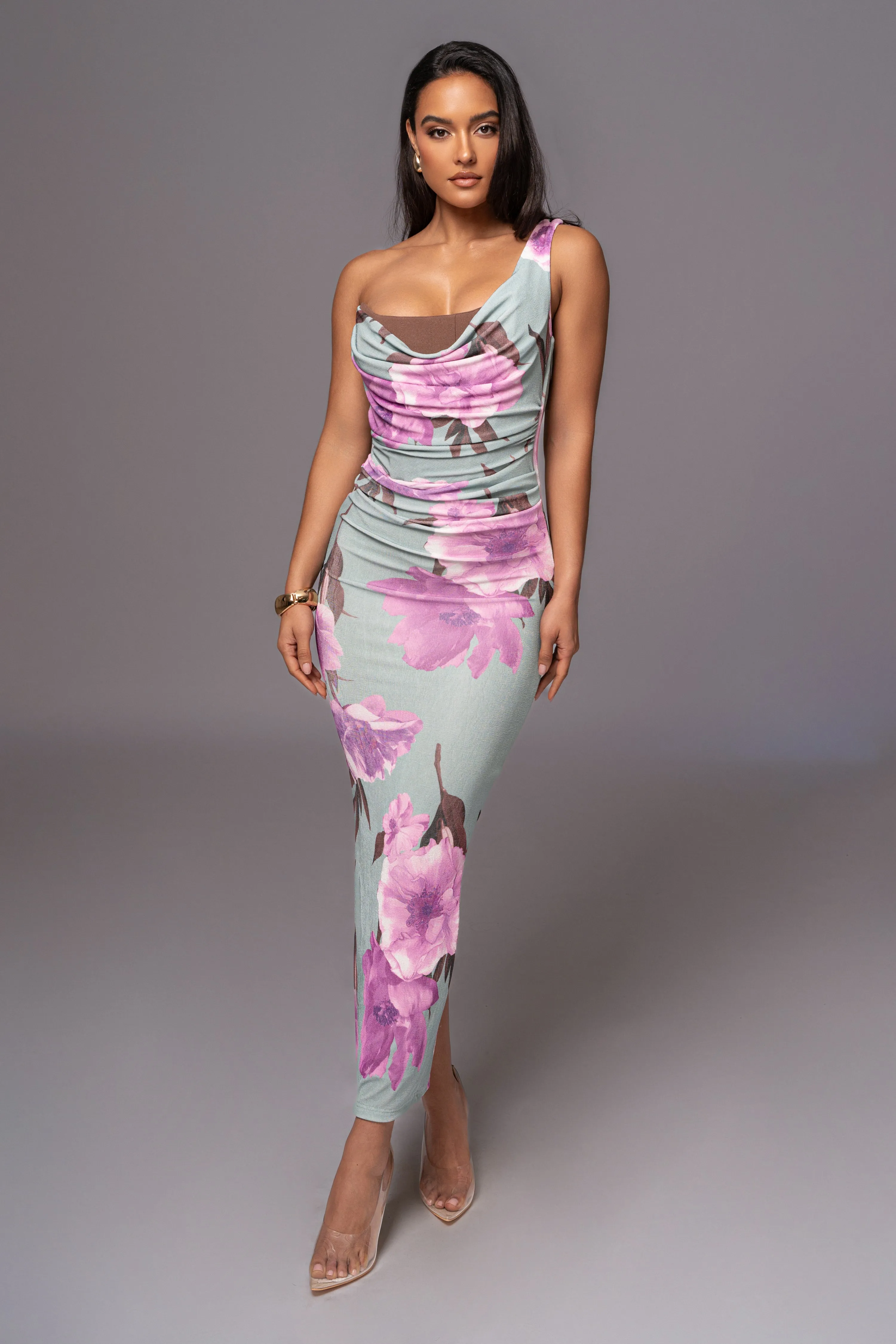 Sage Floral Georgiana One Shoulder Maxi Dress sold by JLUXLABEL product image thumbnail 3